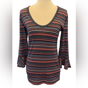 Free People Surprise Party Glitter Stripe Metallic Top Flutter Sleeve Size Large